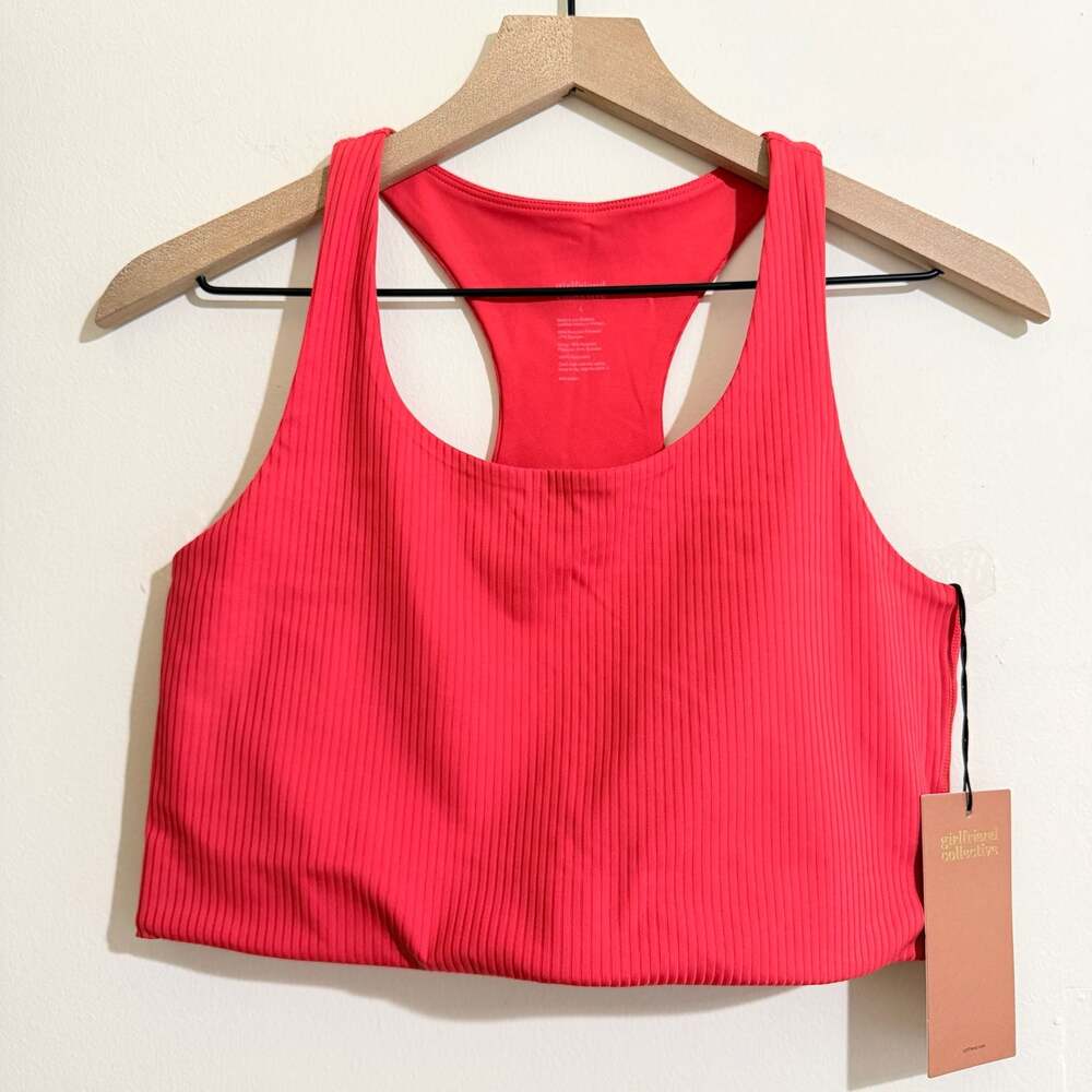 NWT Girlfriend Collective Ribbed Racerback Longline Sports Bra Coral Pink L Gym